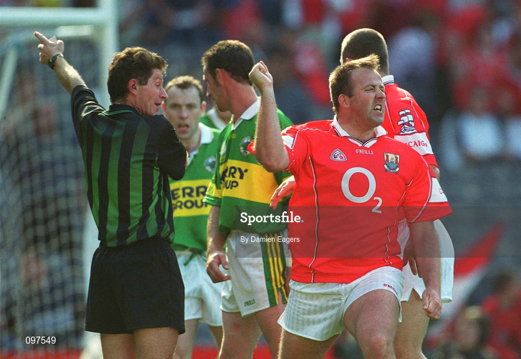 25 August 2002; Cork captain Colin Corkery remonstrates with referee Brian White, after White had disallowed Corkery's quick free goal, during the Bank of Ireland All-Ireland Senior Football Championship Semi-Final match between Kerry and Cork at Croke Park in Dublin. Photo by Damien Eagers/Sportsfile