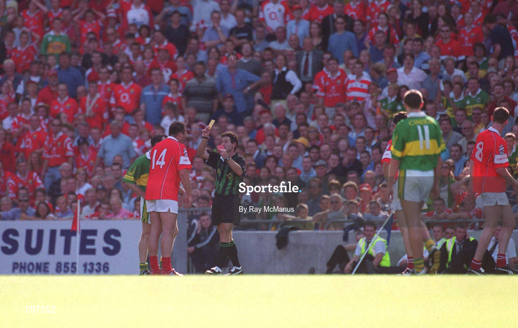 25 August 2002; Colin Corkery of Cork is shown a second yellow card by referee Brian White, before being sent off, during the Bank of Ireland All-Ireland Senior Football Championship Semi-Final match between Kerry and Cork at Croke Park in Dublin. Photo by Ray McManus/Sportsfile
