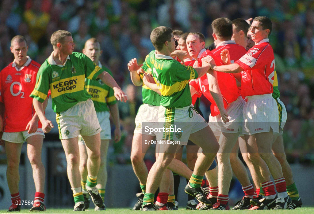 25 August 2002; Kerry and Cork players tussle during the Bank of Ireland All-Ireland Senior Football Championship Semi-Final match between Kerry and Cork at Croke Park in Dublin. Photo by Damien Eagers/Sportsfile