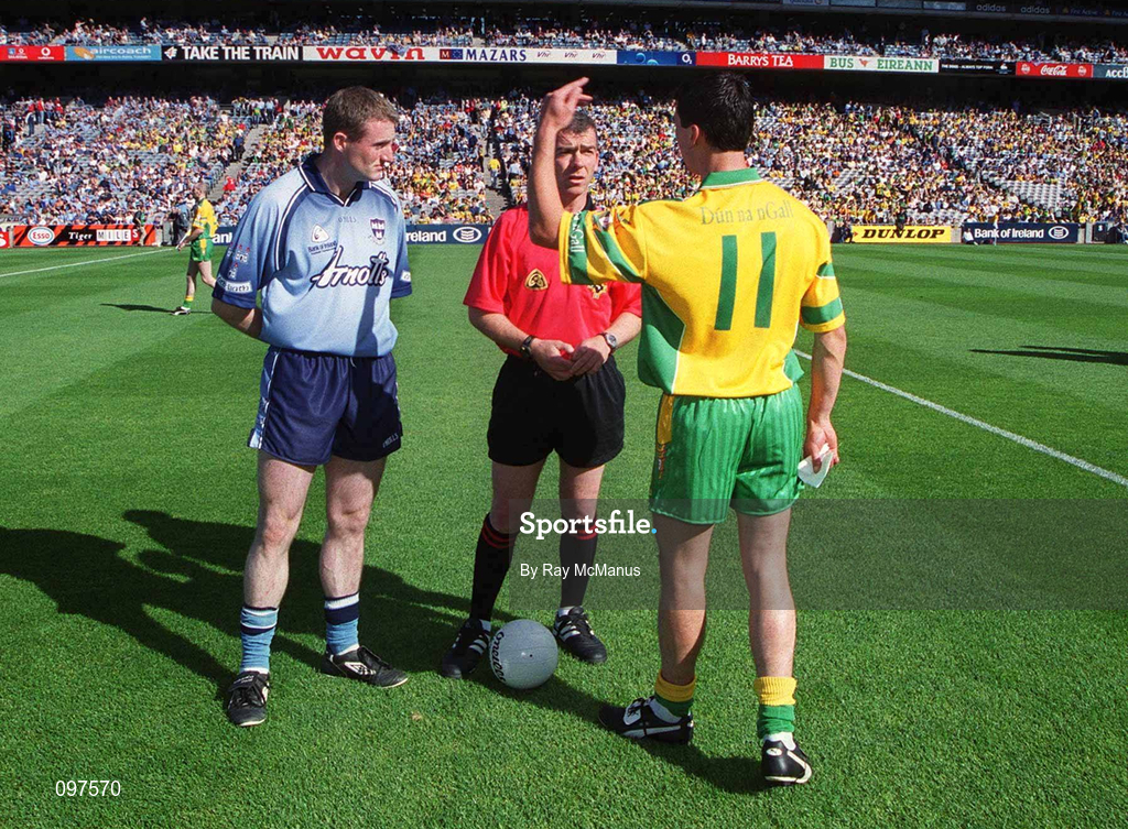 17 August 2002; Having won the toss Donegal captain Michael Hegarty indicates which way his side will play to Dublin captain Coman Goggins and referee Pat McEnaney prior to the Bank of Ireland All-Ireland Senior Football Championship Quarter-Final Replay match between Dublin and Donegal at Croke Park in Dublin. Photo by Ray McManus/Sportsfile