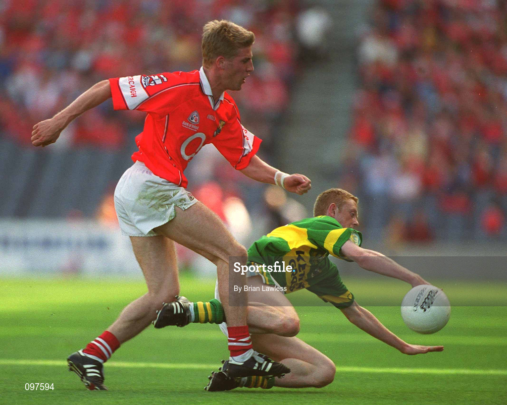 25 August 2002; Colm Cooper of Kerry in action against Anthony Lynch of Cork during the Bank of Ireland All-Ireland Senior Football Championship Semi-Final match between Kerry and Cork at Croke Park in Dublin. Photo by Brian Lawless/Sportsfile
