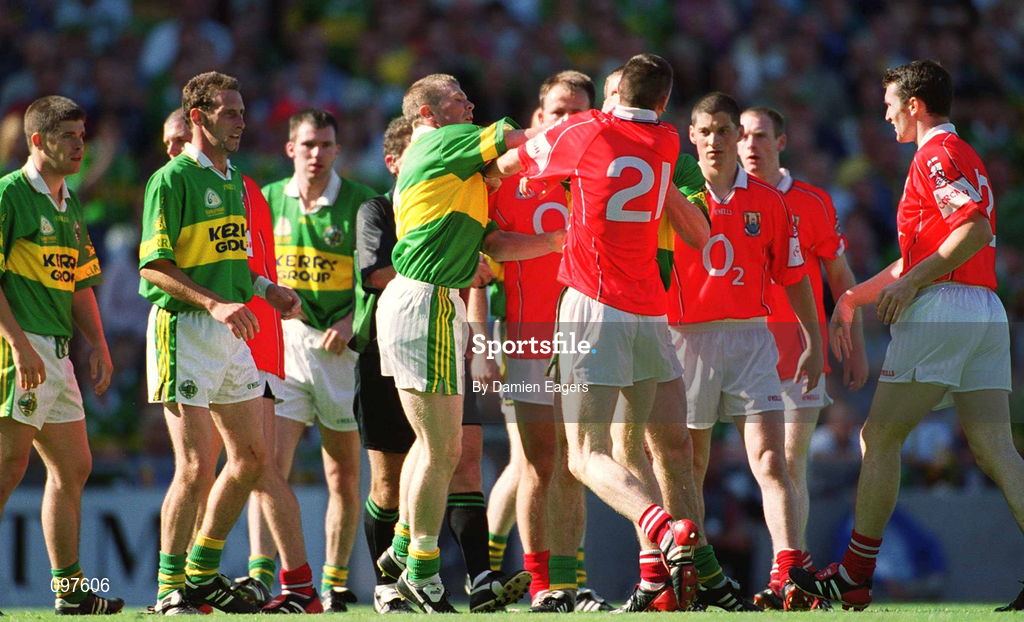 25 August 2002; Tomás Ó Sé of Kerry, third from left, tussles with Cork's Jim O'Donoghue of Cork, 21, during the Bank of Ireland All-Ireland Senior Football Championship Semi-Final match between Kerry and Cork at Croke Park in Dublin. Photo by Damien Eagers/Sportsfile