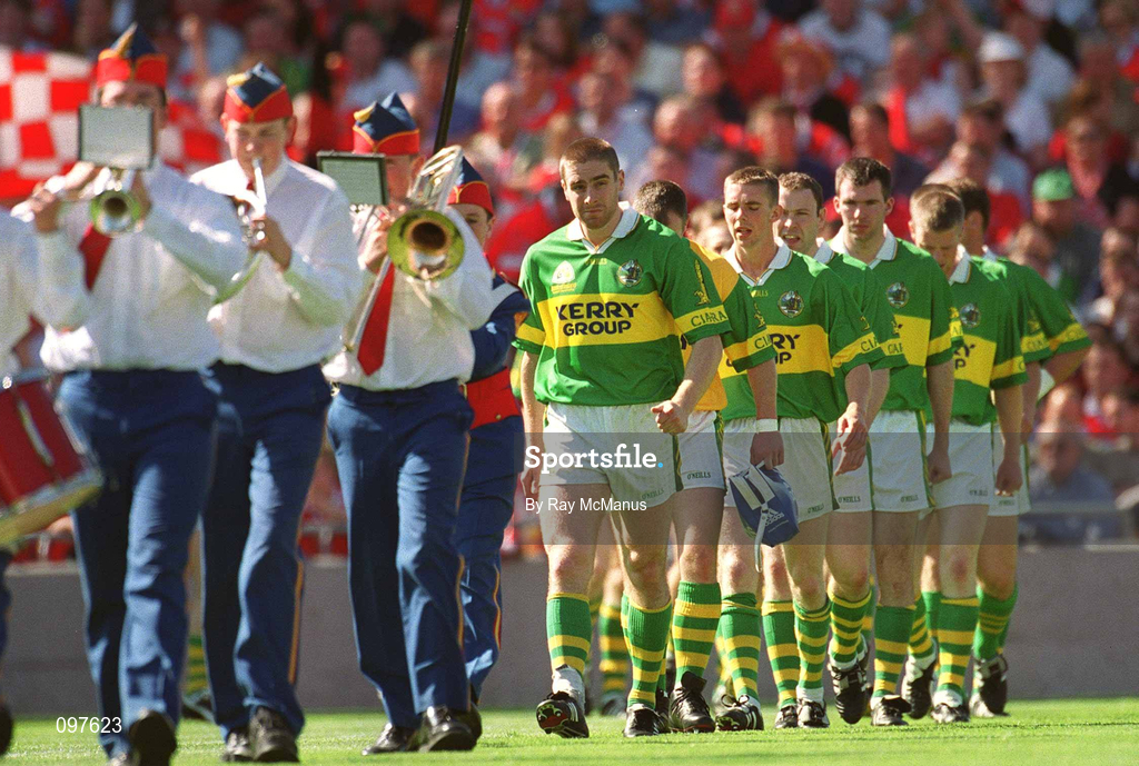 25 August 2002; Kerry captain Darragh Ó Sé leads his team in the parade prior to the Bank of Ireland All-Ireland Senior Football Championship Semi-Final match between Kerry and Cork at Croke Park in Dublin. Photo by Ray McManus/Sportsfile