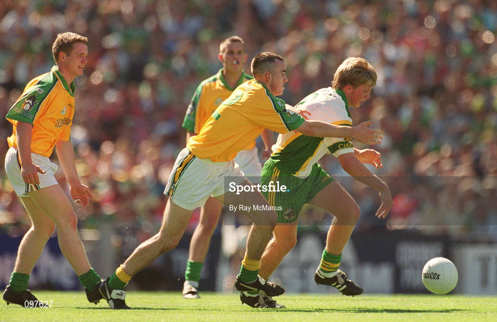 25 August 2002; Donnacha Walsh of Kerry in action against Ger McCullagh of Meath during the All-Ireland Minor Football Championship Semi-Final match between Meath and Kerry at Croke Park in Dublin. Photo by Ray McManus/Sportsfile
