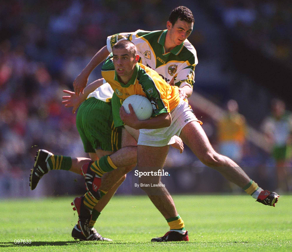 25 August 2002; Thomas O'Connor of Meath in action against Dan Doona of Kerry during the All-Ireland Minor Football Championship Semi-Final match between Meath and Kerry at Croke Park in Dublin. Photo by Brian Lawless/Sportsfile