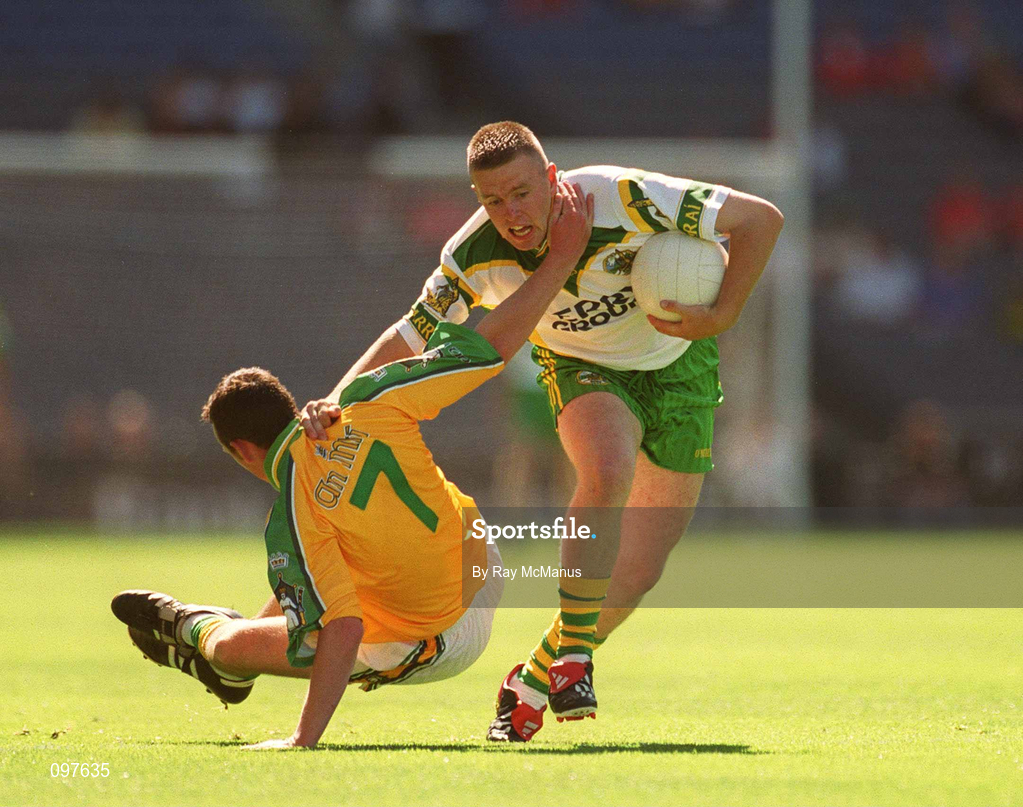 25 August 2002; Michael Cronin of Kerry in action against Eoin Dunne of Meath during the All-Ireland Minor Football Championship Semi-Final match between Meath and Kerry at Croke Park in Dublin. Photo by Ray McManus/Sportsfile