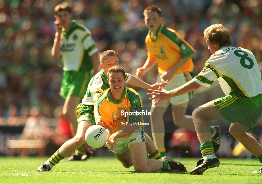 25 August 2002; Brian O'Reilly of Meath in action against Paul Fitzmaurice, left, and Donnacha Walsh of Kerry during the All-Ireland Minor Football Championship Semi-Final match between Meath and Kerry at Croke Park in Dublin. Photo by Ray McManus/Sportsfile