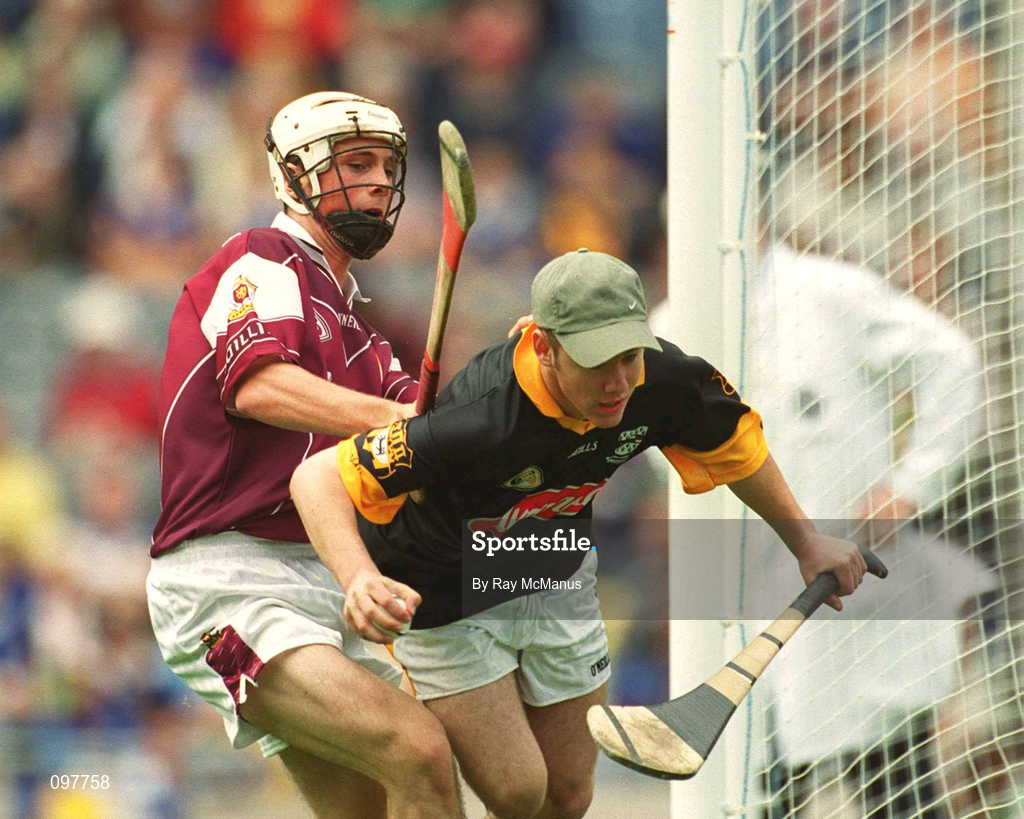 18 August 2002; Kilkenny goalkeeper Colm Grant is challenged by Declan Garvey of Galway during the All-Ireland Minor Hurling Championship Semi-Final match between Kilkenny and Galway at Croke Park in Dublin. Photo by Ray McManus/Sportsfile