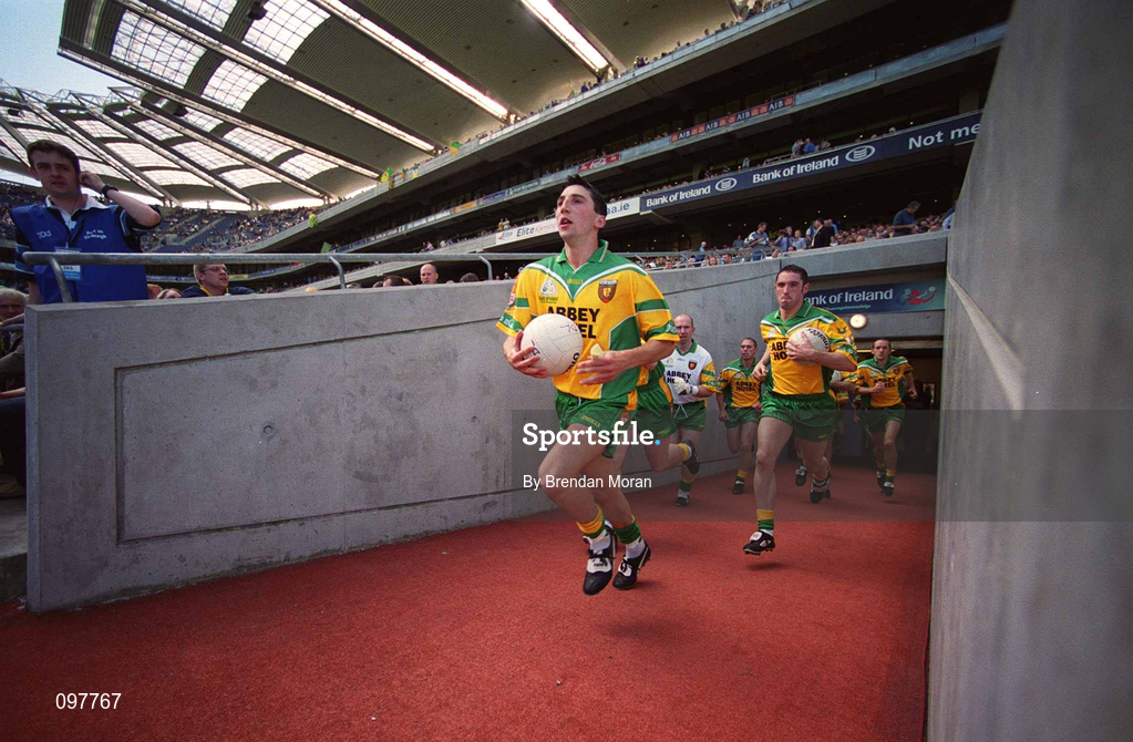 17 August 2002; Donegal captain Michael Hegarty leads his side out onto the pitch prior to the Bank of Ireland All-Ireland Senior Football Championship Quarter-Final Replay match between Dublin and Donegal at Croke Park in Dublin. Photo by Brendan Moran/Sportsfile