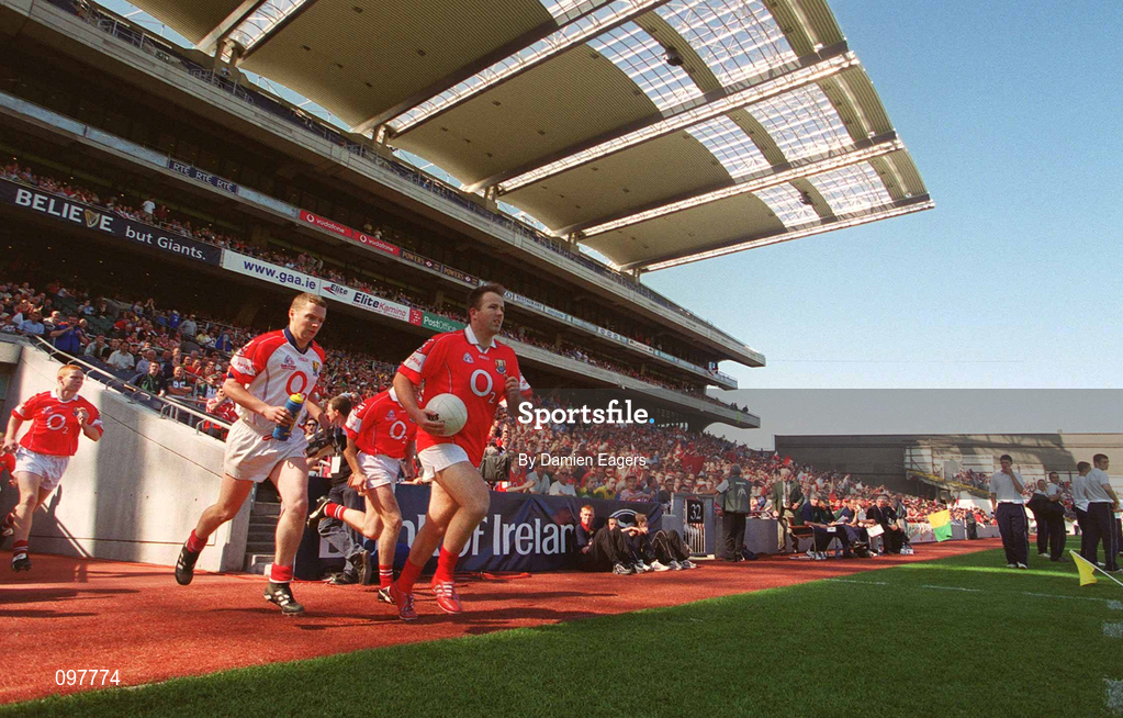 25 August 2002; Cork captain Colin Corkery leads his team onto the pitch prior to the Bank of Ireland All-Ireland Senior Football Championship Semi-Final match between Kerry and Cork at Croke Park in Dublin. Photo by Damien Eagers/Sportsfile
