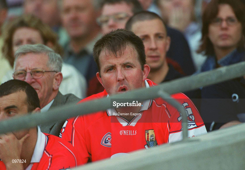 25 August 2002; Colin Corkery of Cork watches the game from the stands after he was sent off by referee Brian White during the Bank of Ireland All-Ireland Senior Football Championship Semi-Final match between Kerry and Cork at Croke Park in Dublin. Photo by Damien Eagers/Sportsfile