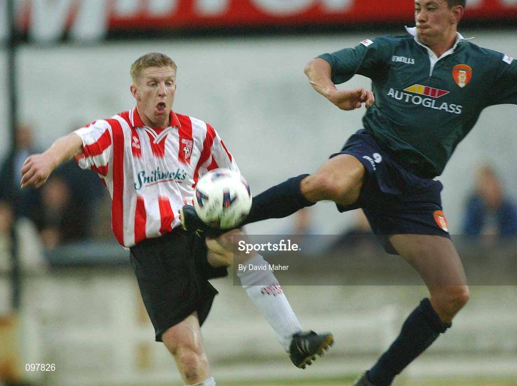 29 August 2002; Ger McCarthy of St Patrick's Athletic in action against Eamon Doherty of Derry City eircom League Premier Division match between Derry City and St Patrick's Athletic at the Brandywell Stadium in Derry. Photo by David Maher/Sportsfile