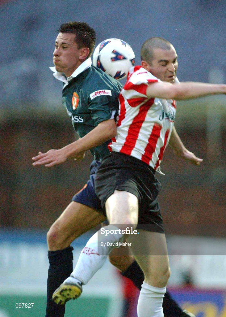 29 August 2002; Ger McCarthy of St Patrick's Athletic in action against Sean Hargan of Derry City eircom League Premier Division match between Derry City and St Patrick's Athletic at the Brandywell Stadium in Derry. Photo by David Maher/Sportsfile