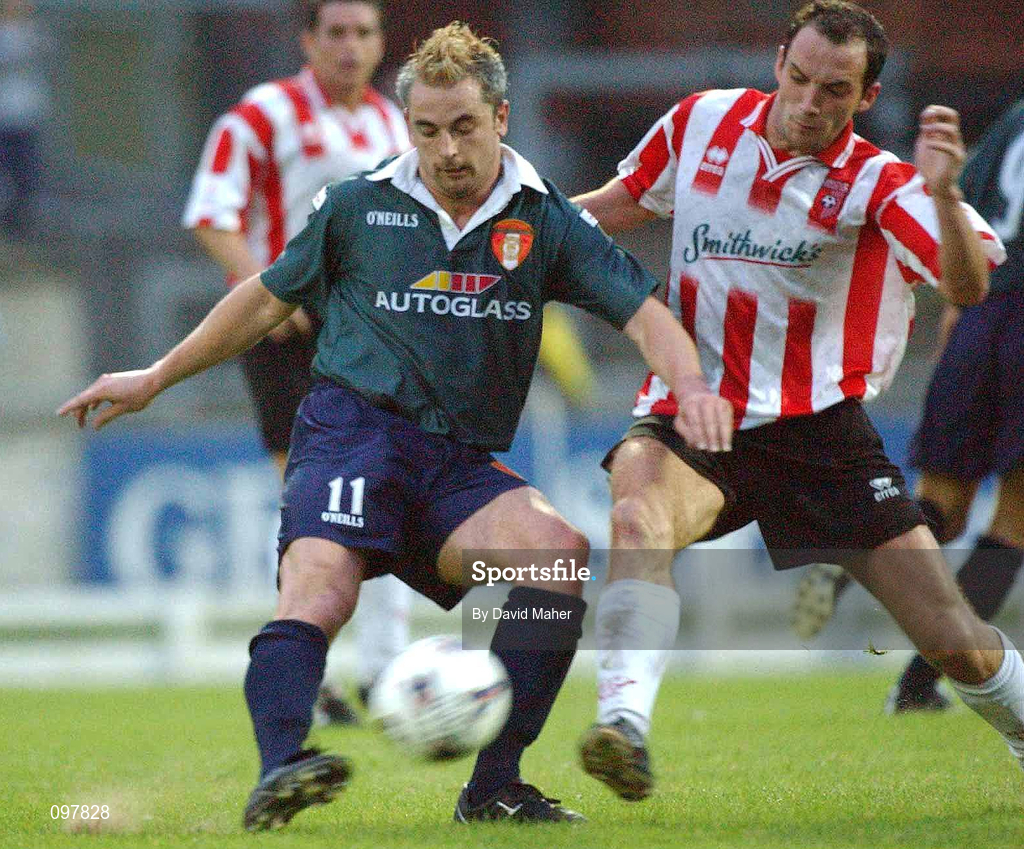 29 August 2002; Tony Bird of St Patrick's Athletic in action against Paddy McLaughlin of Derry City eircom League Premier Division match between Derry City and St Patrick's Athletic at the Brandywell Stadium in Derry. Photo by David Maher/Sportsfile