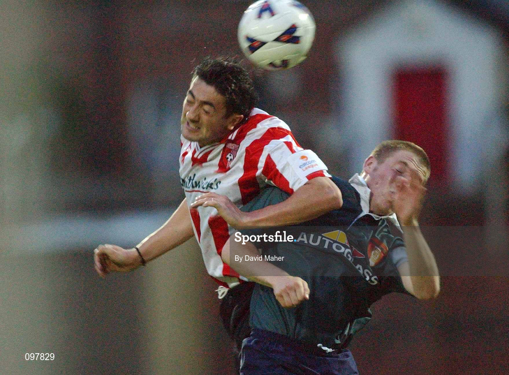29 August 2002; Philip Hughes of St Patrick's Athletic in action against Peter Hutton of Derry City eircom League Premier Division match between Derry City and St Patrick's Athletic at the Brandywell Stadium in Derry. Photo by David Maher/Sportsfile