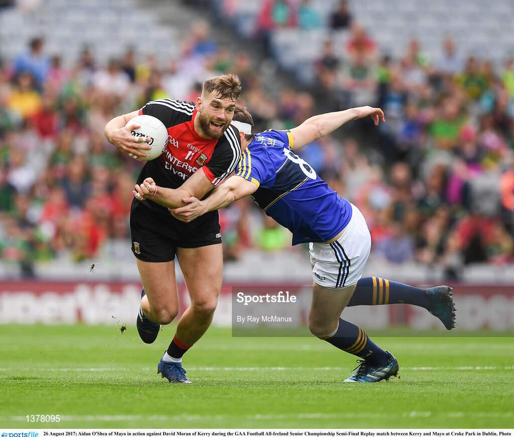 26 August 2017; Aidan O'Shea of Mayo in action against David Moran of Kerry during the GAA Football All-Ireland Senior Championship Semi-Final Replay match between Kerry and Mayo at Croke Park in Dublin. Photo by Ray McManus/Sportsfile