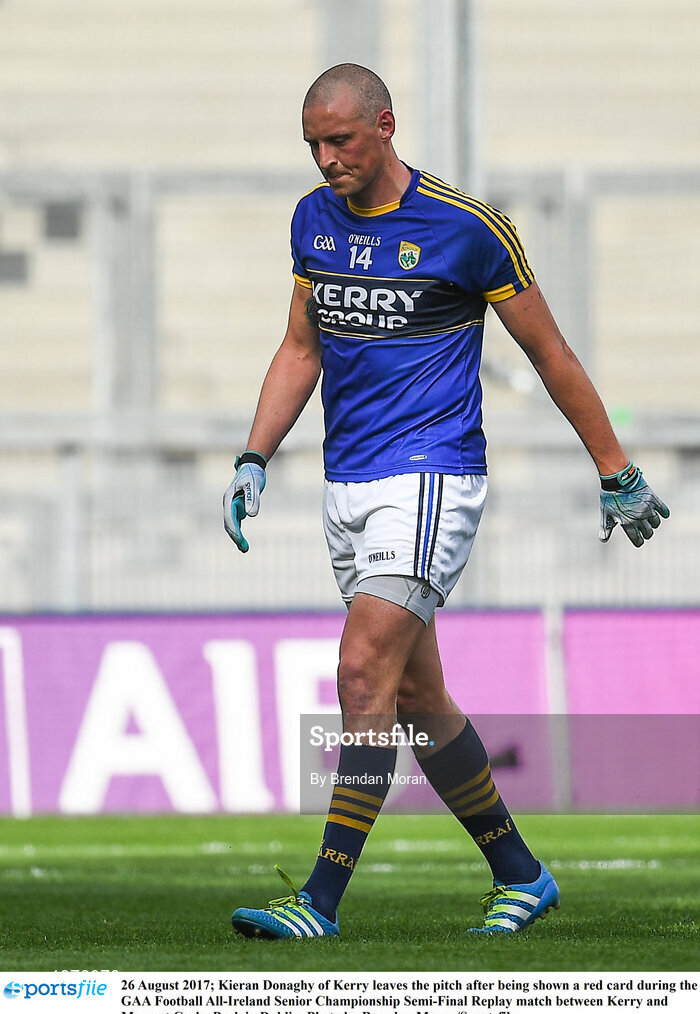 26 August 2017; Kieran Donaghy of Kerry leaves the pitch after being shown a red card during the GAA Football All-Ireland Senior Championship Semi-Final Replay match between Kerry and Mayo at Croke Park in Dublin. Photo by Brendan Moran/Sportsfile
