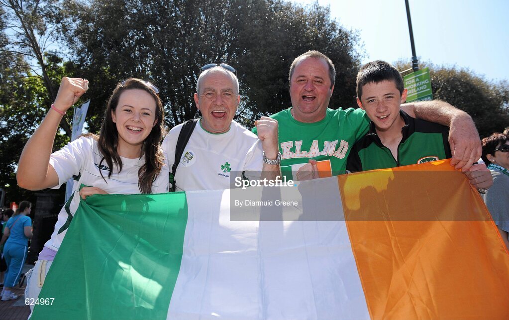 26 May 2012; Ireland supporters, from left to right, Lisa Charles, Dave Charles, Gerard Ryan and Lee Ryan, all from Cappamore, Co. Limerick, ahead of the game. Senior International Friendly, Republic of Ireland v Bosnia & Herzegovina, Aviva Stadium, Lansdowne Road, Dublin. Picture credit: Diarmuid Greene / SPORTSFILE