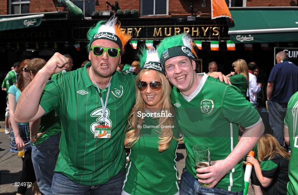 26 May 2012; Ireland supporters, from left to right, Alan Connolly, from  Monaghan, Sandra Greene, from Knocklyon, Dublin, and Eoin Stapleton, Ballyboden, Dublin, ahead of the game. Senior International Friendly, Republic of Ireland v Bosnia & Herzegovina, Aviva Stadium, Lansdowne Road, Dublin. Picture credit: Diarmuid Greene / SPORTSFILE