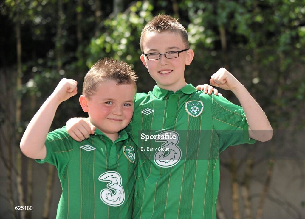 26 May 2012; Republic of Ireland supporters Robert Barry, left, aged 6, and Edward Barry, aged 10, from Saggart, Co. Dublin, ahead of the game. Senior International Friendly, Republic of Ireland v Bosnia & Herzegovina, Aviva Stadium, Lansdowne Road, Dublin. Picture credit: Barry Cregg / SPORTSFILE