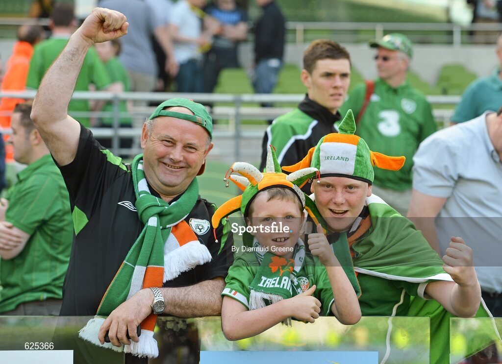 26 May 2012; Republic of Ireland supporters Dan Hearne, left, Andrew Bulger, aged 7, centre, and Aaron Hearne, all from Curracloe, Co. Wexford, at the game. Senior International Friendly, Republic of Ireland v Bosnia & Herzegovina, Aviva Stadium, Lansdowne Road, Dublin. Picture credit: Diarmuid Greene / SPORTSFILE