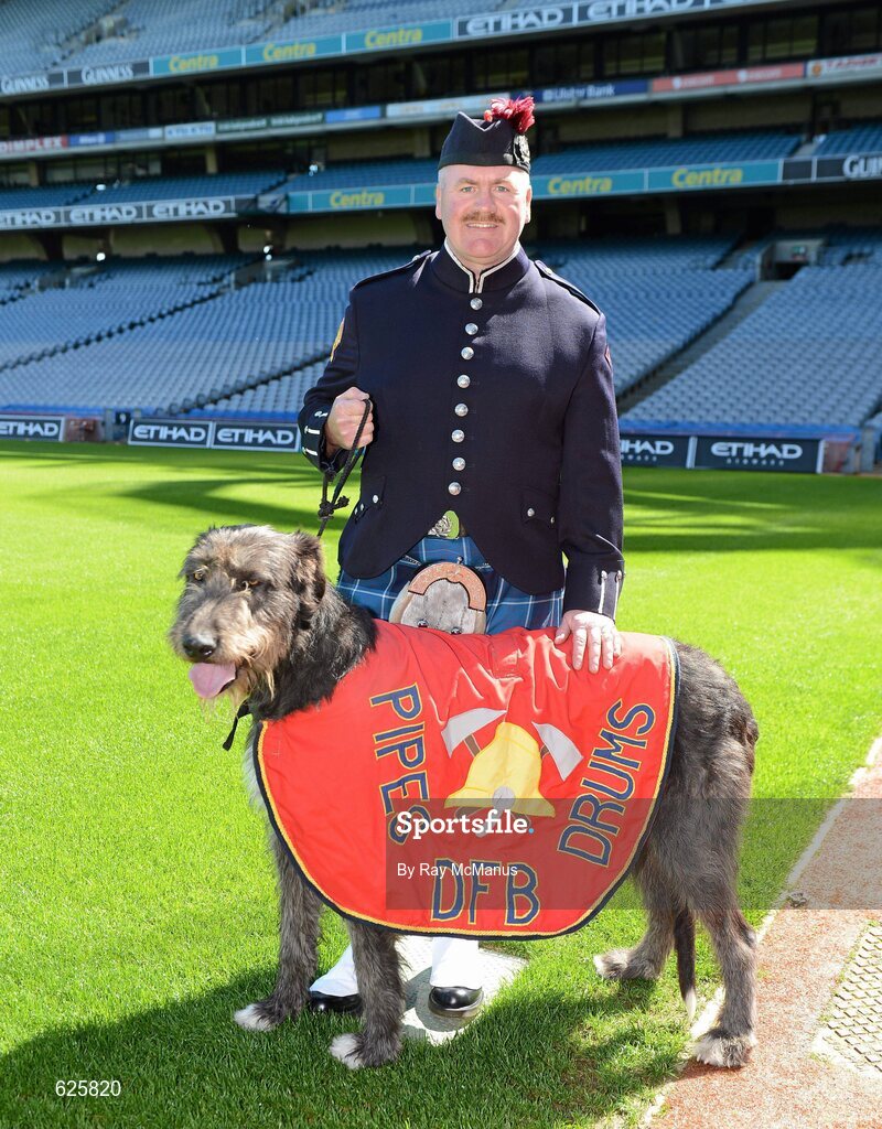 29 May 2012; In attendance at a Dublin Fire Brigade 150 year celebration photocall is Tom McLoughlin and the DFB mascot 'Paddy'. Dublin Fire Brigade and many of their friends from Fire and Police departments across the United States have travelled to Dublin to perform with them throughout the weekend, culminating in a performance at Croke Park for the Leinster GAA football senior championship 2012 quarter finals. Croke Park, Dublin. Picture credit: Ray McManus / SPORTSFILE