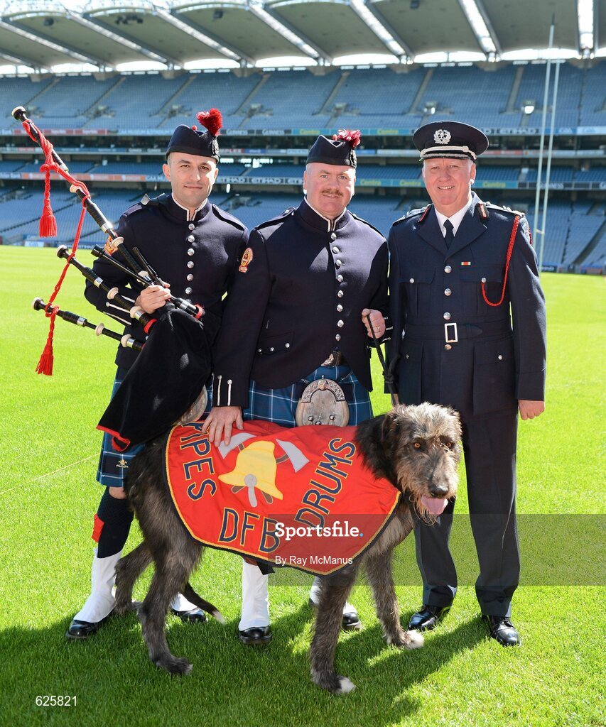 29 May 2012; In attendance at a Dublin Fire Brigade 150 year celebration photocall are Piper Jonathon Forbes, Tom McLoughlin and the DFB mascot 'Paddy' with Chief Fire Officer Stephen Brady. Dublin Fire Brigade and many of their friends from Fire and Police departments across the United States have travelled to Dublin to perform with them throughout the weekend, culminating in a performance at Croke Park for the Leinster GAA football senior championship 2012 quarter finals. Croke Park, Dublin. Picture credit: Ray McManus / SPORTSFILE