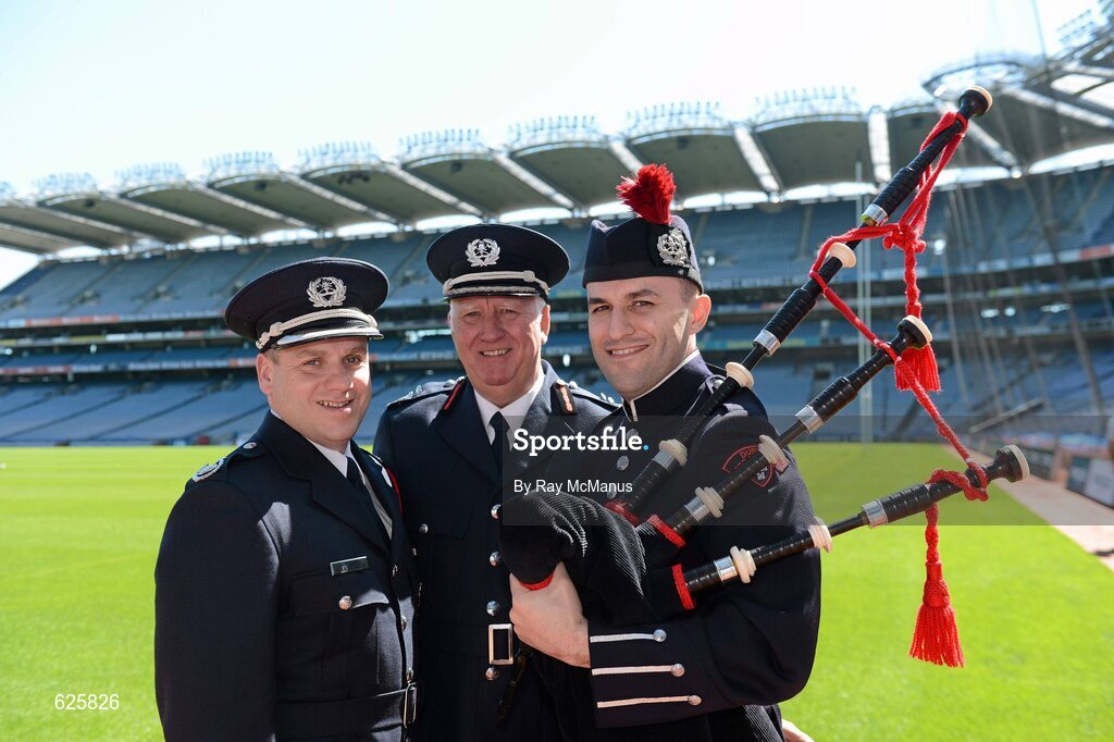 29 May 2012; In attendance at a Dublin Fire Brigade 150 year celebration photocall are Piper Jonathon Forbes, Greg O'Dwyer, left, Third Officer, DFB, and Chief Fire Officer Stephen Brady. Dublin Fire Brigade and many of their friends from Fire and Police departments across the United States have travelled to Dublin to perform with them throughout the weekend, culminating in a performance at Croke Park for the Leinster GAA football senior championship 2012 Quarter-Finals. Croke Park, Dublin. Picture credit: Ray McManus / SPORTSFILE