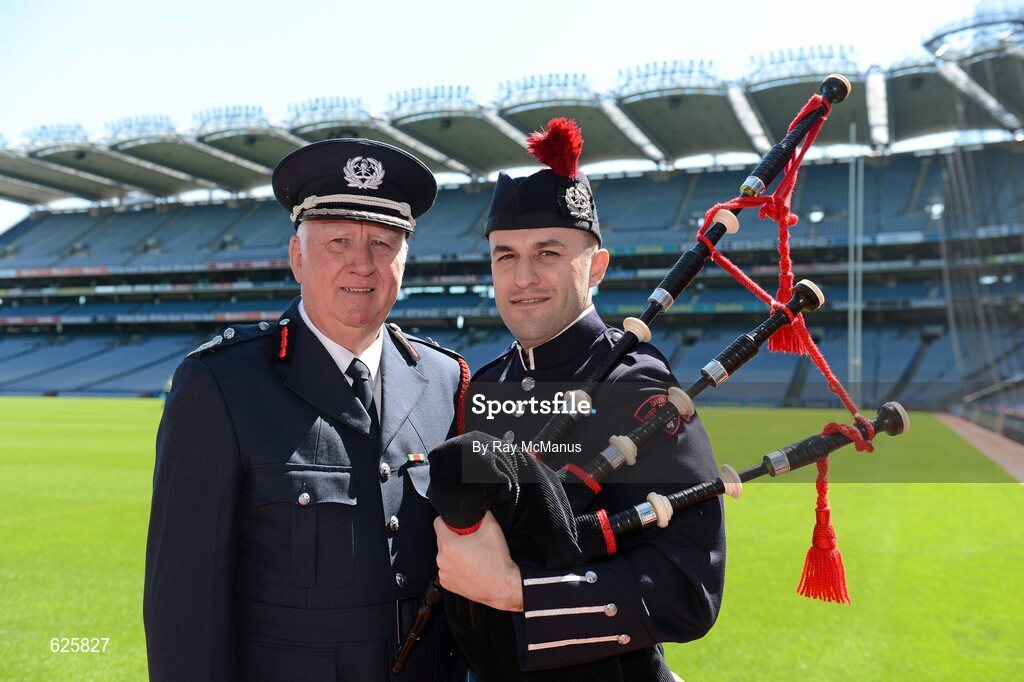 29 May 2012; In attendance at a Dublin Fire Brigade 150 year celebration photocall are Piper Jonathon Forbes, and Chief Fire Officer Stephen Brady. Dublin Fire Brigade and many of their friends from Fire and Police departments across the United States have travelled to Dublin to perform with them throughout the weekend, culminating in a performance at Croke Park for the Leinster GAA football senior championship 2012 Quarter-Finals. Croke Park, Dublin. Picture credit: Ray McManus / SPORTSFILE