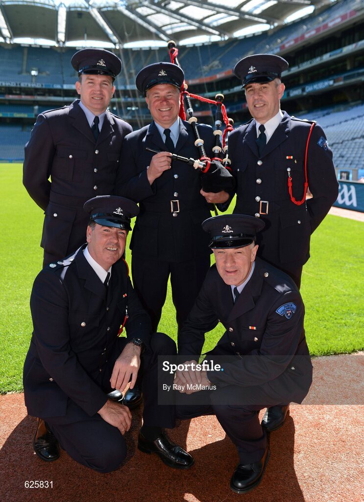 29 May 2012; In attendance at a Dublin Fire Brigade 150 year celebration photocall are, back row left to right, DFB members and former Dublin stars Darren Honan, Charlie Redmond and Dave Foran with Jimmy Bisset and Gerry Hargan, in front. Dublin Fire Brigade and many of their friends from Fire and Police departments across the United States have travelled to Dublin to perform with them throughout the weekend, culminating in a performance at Croke Park for the Leinster GAA football senior championship 2012 Quarter-Finals. Croke Park, Dublin. Picture credit: Ray McManus / SPORTSFILE