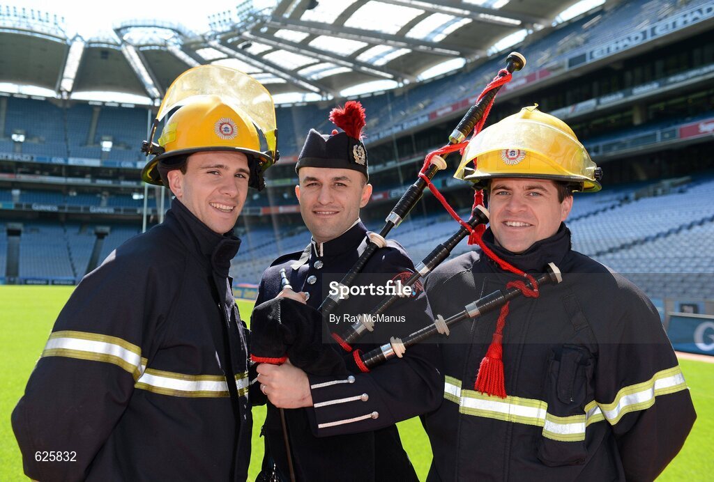 29 May 2012; In attendance at a Dublin Fire Brigade 150 year celebration photocall are Stephen Williams, A watch, Tara Street, Piper Jonathon Forbes, C watch, Phibsborough, and Conor Morris, A watch, Tara Street. Dublin Fire Brigade and many of their friends from Fire and Police departments across the United States have travelled to Dublin to perform with them throughout the weekend, culminating in a performance at Croke Park for the Leinster GAA football senior championship 2012 Quarter-Finals. Croke Park, Dublin. Picture credit: Ray McManus / SPORTSFILE