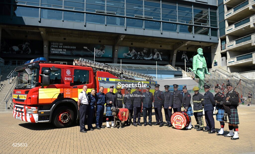 29 May 2012; In attendance at a Dublin Fire Brigade 150 year celebration photocall are Chief Fire Officer Stephen Brady and DFB members. Dublin Fire Brigade and many of their friends from Fire and Police departments across the United States have travelled to Dublin to perform with them throughout the weekend, culminating in a performance at Croke Park for the Leinster GAA football senior championship 2012 Quarter-Finals. Croke Park, Dublin. Picture credit: Ray McManus / SPORTSFILE