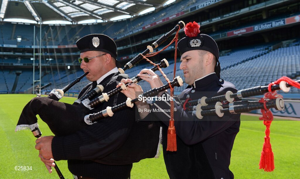29 May 2012; In attendance at a Dublin Fire Brigade 150 year celebration photocall are Tim Zerr, left, Eugene Fire Pipes and DFB Piper Jonathon Forbes. Dublin Fire Brigade and many of their friends from Fire and Police departments across the United States have travelled to Dublin to perform with them throughout the weekend, culminating in a performance at Croke Park for the Leinster GAA football senior championship 2012 Quarter-Finals. Croke Park, Dublin. Picture credit: Ray McManus / SPORTSFILE