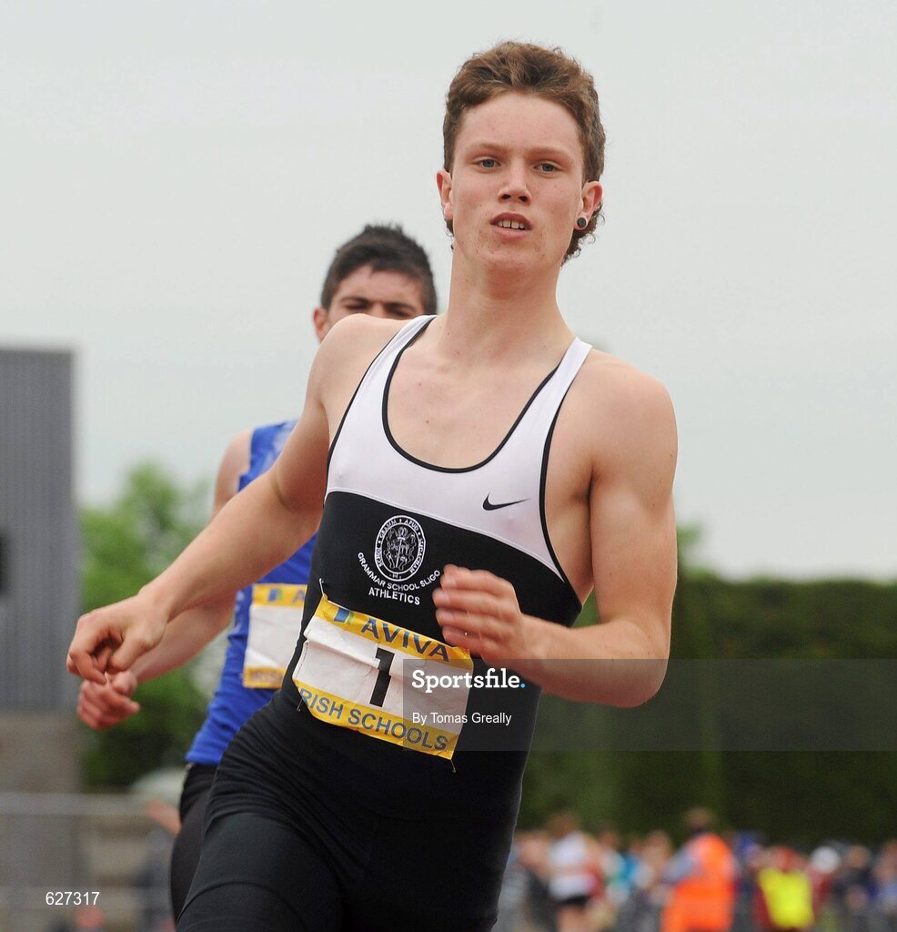 2 June 2012; Zak Irwin, Sligo Grammer, Sligo, crosses the line to win the Intermediate Boys 100m event at the Aviva All Ireland Schools’ Track and Field Championships 2012. Tullamore Harriers AC, Tullamore, Co. Offaly. Picture credit: Tomas Greally / SPORTSFILE