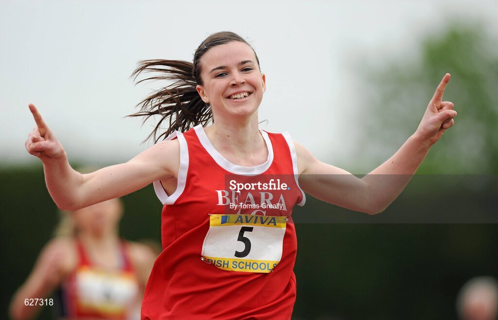 2 June 2012; Rachel O'Shea, Beara Community School, Co. Cork, crosses the line to win the 800m Seniors Girls event at the Aviva All Ireland Schools’ Track and Field Championships 2012. Tullamore Harriers AC, Tullamore, Co. Offaly. Picture credit: Tomas Greally / SPORTSFILE