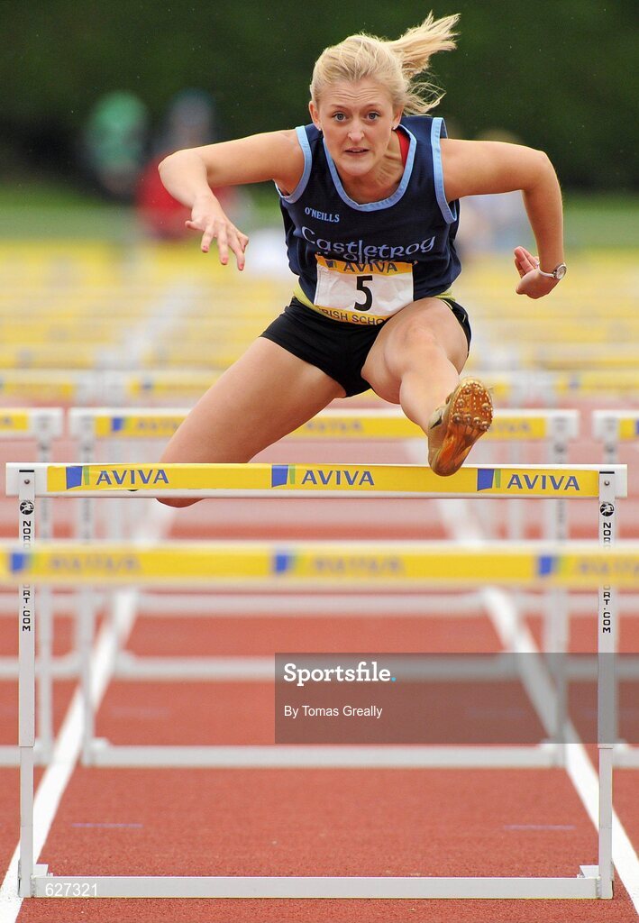 2 June 2012; Sarah Lavin, Castletroy College, Co. Limerick, on her way to winning the Senior Girls 100m Hurdles event at the Aviva All Ireland Schools’ Track and Field Championships 2012. Tullamore Harriers AC, Tullamore, Co. Offaly. Picture credit: Tomas Greally / SPORTSFILE