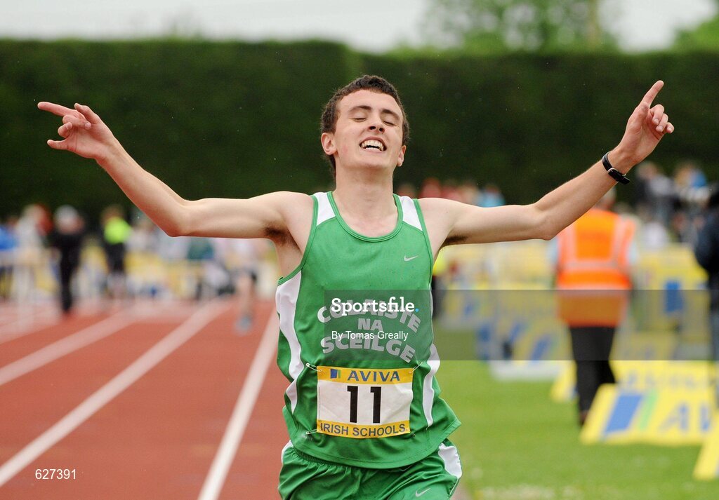 2 June 2012; Cillian O'Donovan, Colaiste Na Sceilge, Caherciveen, crosses the line to win the Intermediate Boys 3000m event at the Aviva All Ireland Schools’ Track and Field Championships 2012. Tullamore Harriers AC, Tullamore, Co. Offaly. Picture credit: Tomas Greally / SPORTSFILE