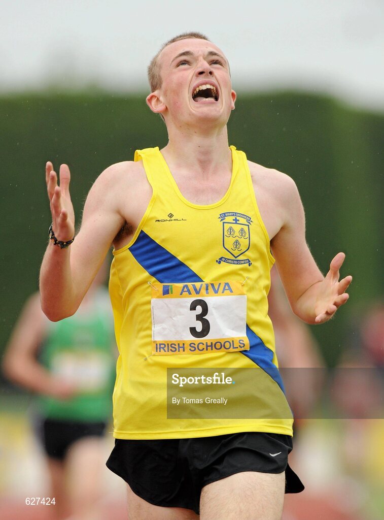 2 June 2012; Aaron O'Hanlon, St. Mary's, Drogheda, crosses the line to win the Intermediate Boys 1500m event at the Aviva All Ireland Schools’ Track and Field Championships 2012. Tullamore Harriers AC, Tullamore, Co. Offaly. Picture credit: Tomas Greally / SPORTSFILE