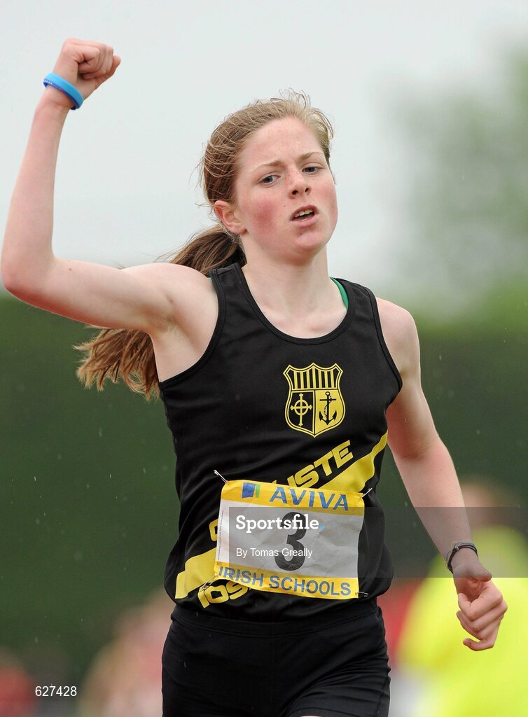 2 June 2012; Siofra Clerigh Buttner, Colaiste Iosagain, Dublin, crosses the line to win the Intermediate Girls 1500m event at the Aviva All Ireland Schools’ Track and Field Championships 2012. Tullamore Harriers AC, Tullamore, Co. Offaly. Picture credit: Tomas Greally / SPORTSFILE