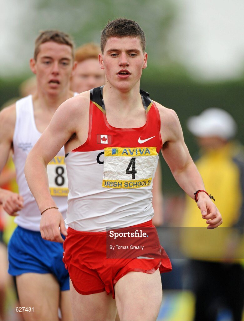 2 June 2012; Shane Fitzsimons, St. Joseph’s Rochfortbridge, crosses the line to win the Senior Boys 1500m event at the Aviva All Ireland Schools’ Track and Field Championships 2012. Tullamore Harriers AC, Tullamore, Co. Offaly. Picture credit: Tomas Greally / SPORTSFILE