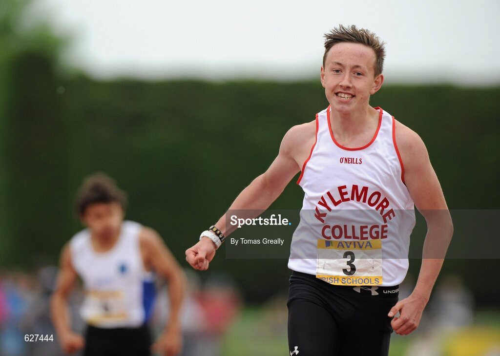 2 June 2012; Sean Lawlor, Kylemore College, Dublin, crosses the line to win the Junior Boys 200m event and set a new record of 23.16, at the Aviva All Ireland Schools’ Track and Field Championships 2012. Tullamore Harriers AC, Tullamore, Co. Offaly. Picture credit: Tomas Greally / SPORTSFILE