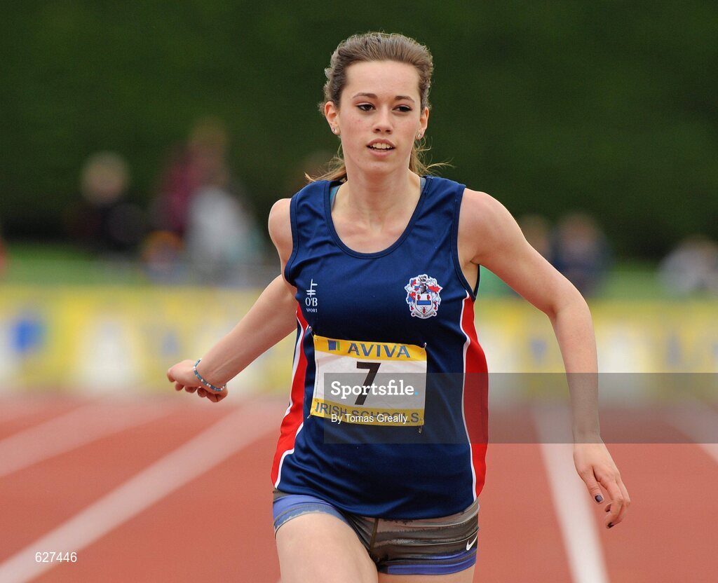 2 June 2012; Roseanna McGuckian, Ballymena Academy, Co. Antrim, crosses the line to win the Junior Girls 200m event at the Aviva All Ireland Schools’ Track and Field Championships 2012. Tullamore Harriers AC, Tullamore, Co. Offaly. Picture credit: Tomas Greally / SPORTSFILE