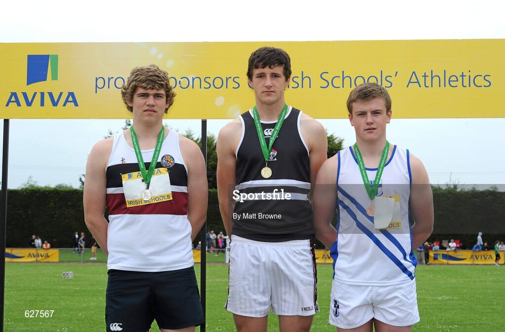 2 June 2012; Gold medal winner Michael Hanlon, centre, from Belvedere College, Dublin, with second place Stewart Martin, left, Belfast Royal Academy, and third place Rodhan McMahon, right, from Blackrock College Dublin, after the Intermediate Boys Discus event at the Aviva All-Ireland Schools’ Track and Field Championships 2012. Tullamore Harriers AC, Tullamore, Co. Offaly. Picture credit: Matt Browne / SPORTSFILE
