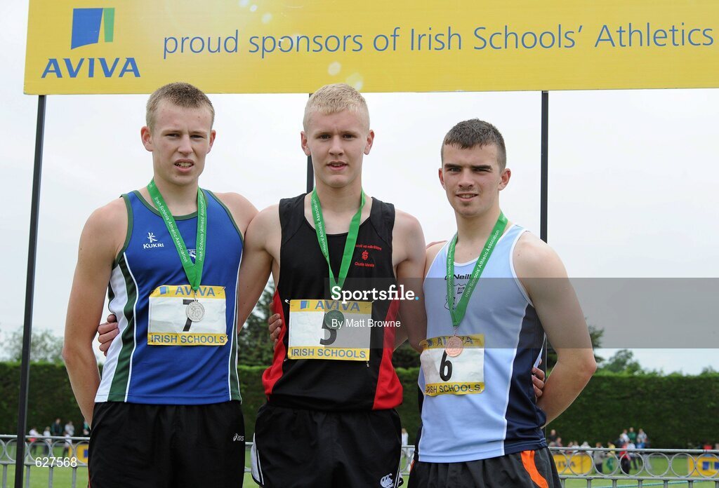 2 June 2012; Gold medal winner Michael Carey, centre, from High School, Clonmel, Co. Tipperary, with second place Robby Rankin, left, from Grosvenor Grammar, School, Co. Down, and third place Danny Mullins, right, from, Colaiste Pobal Bheanntri, Co. Cork, after the Senior Boys 2000m Steplechase at the Aviva All Ireland Schools’ Track and Field Championships 2012. Tullamore Harriers AC, Tullamore, Co. Offaly. Picture credit: Matt Browne / SPORTSFILE
