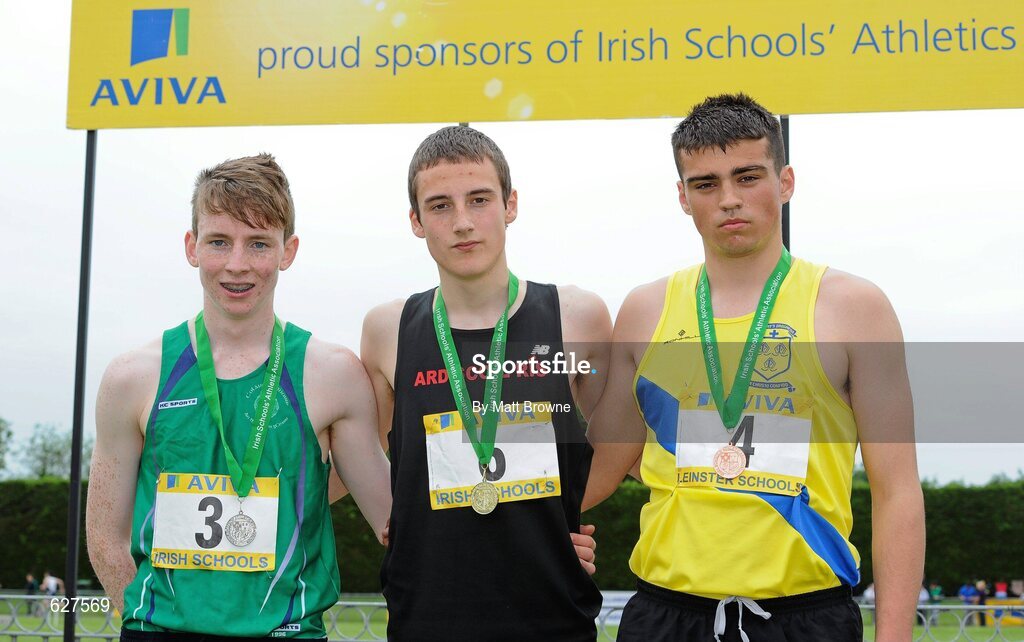 2 June 2012; Gold medal winner Kyle Larkin, centre, from Aedscoil Ris, Co. Limerick, with second place Ryan Blundell, left, from St Mary's, Mullingar, Co. Westmeath, and third place Andrew Coscoran, right, from, St Mary's Drogheda, Co. Louth, after the Intermediate Boys 1500m Steeplechase at the Aviva All Ireland Schools’ Track and Field Championships 2012. Tullamore Harriers AC, Tullamore, Co. Offaly. Picture credit: Matt Browne / SPORTSFILE