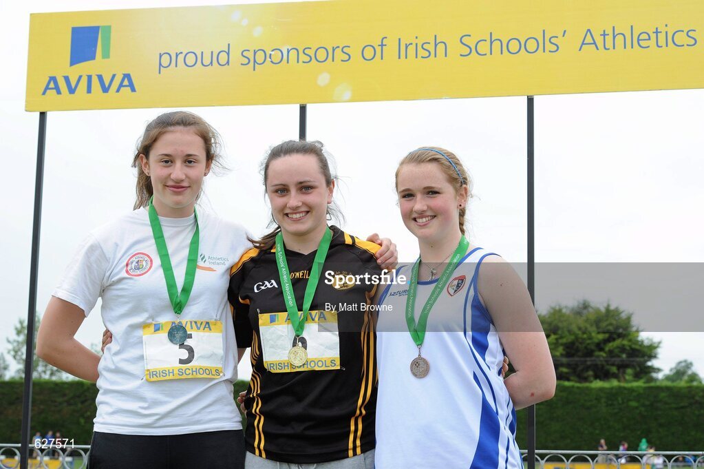 2 June 2012; Gold medal winner Hannah O'Sullivan, centre, from Boherbue Comprehensive School, Mallow, Co. Cork, with second place Kayleigh Cronin, St Brigid's Killarney, Co. Kerry, left, and third place Alice Akers, right, from, Scariff Community College, Co. Clare, after the   Intermediate Girls Discus at the Aviva All Ireland Schools’ Track and Field Championships 2012. Tullamore Harriers AC, Tullamore, Co. Offaly. Picture credit: Matt Browne / SPORTSFILE