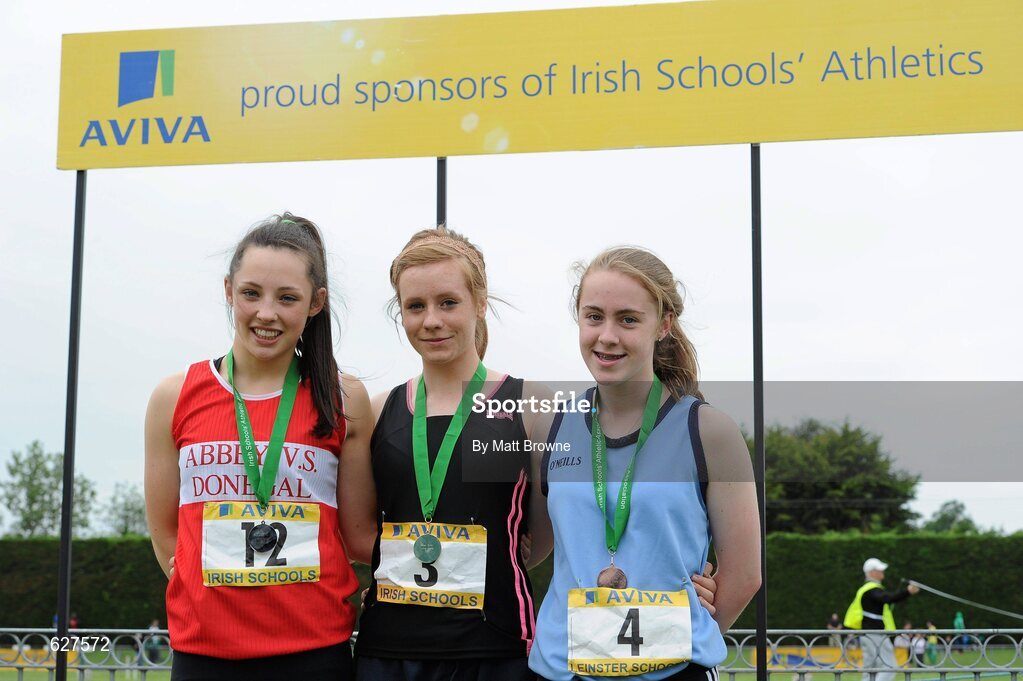 2 June 2012; Gold medal winner Annie Stafford, centre, from Colaiste Bride, Enniscorthy, Co. Wexford, with second place Kate McGowan, left, from Abbey Vocational School, Co. Donegal, and third place Megan Comber, right, from, Maryfield College, Drumcondra, Co. Dublin, after the Intermediate Girls Long Jump at the Aviva All Ireland Schools’ Track and Field Championships 2012. Tullamore Harriers AC, Tullamore, Co. Offaly. Picture credit: Matt Browne / SPORTSFILE