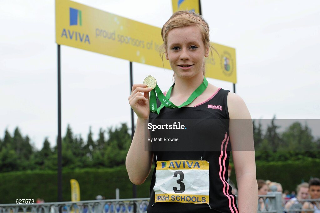 2 June 2012; Gold medal winner Annie Stafford, from Colaiste Bride, Enniscorthy, Co. Wexford, after the   Intermediate Girls Long Jump at the Aviva All Ireland Schools’ Track and Field Championships 2012. Tullamore Harriers AC, Tullamore, Co. Offaly. Picture credit: Matt Browne / SPORTSFILE