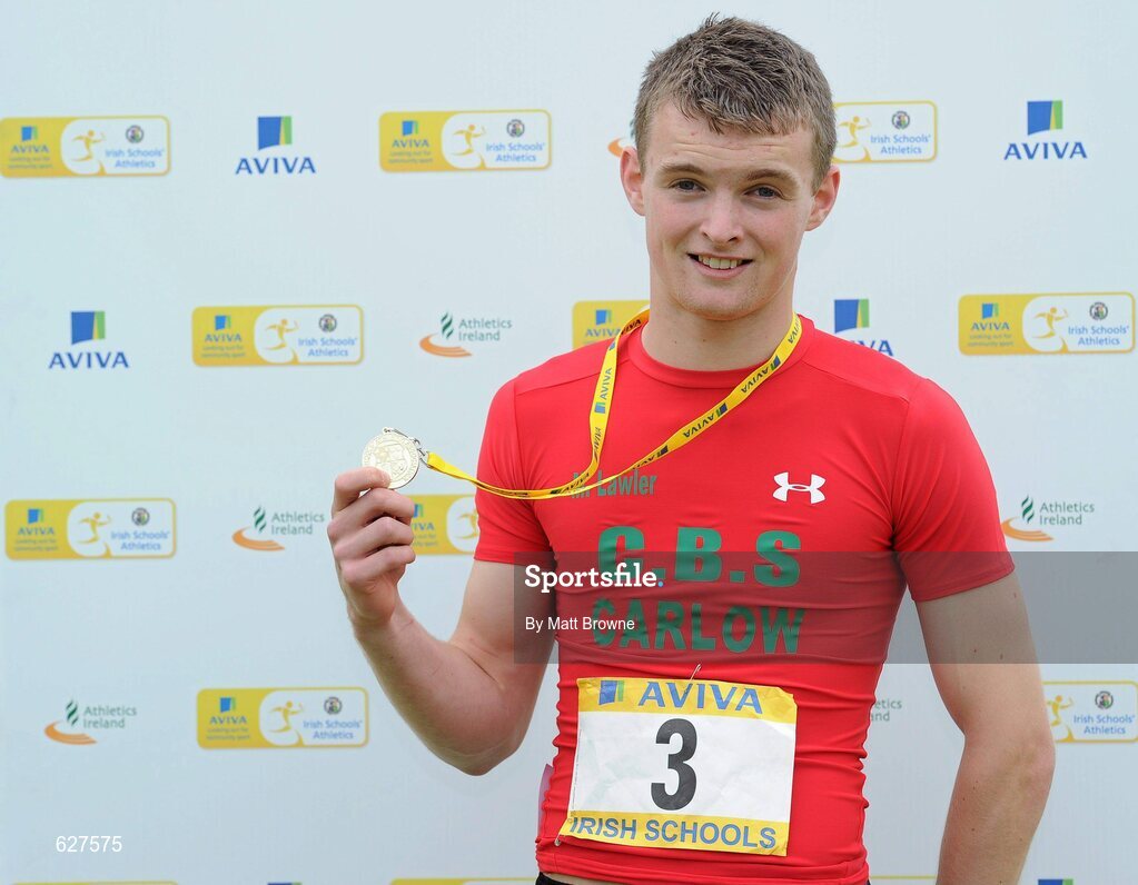 2 June 2012; Gold medal winner Marcus Lawlor, from CBS Carlow, after the Senior Boys 100m at the Aviva All Ireland Schools’ Track and Field Championships 2012. Tullamore Harriers AC, Tullamore, Co. Offaly. Picture credit: Matt Browne / SPORTSFILE