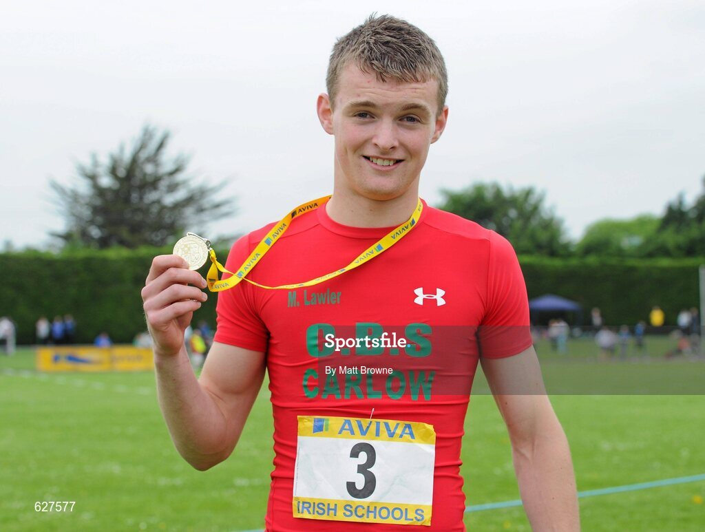 2 June 2012; Gold medal winner Marcus Lawlor, from CBS Carlow, after the Senior Boys 100m at the Aviva All Ireland Schools’ Track and Field Championships 2012. Tullamore Harriers AC, Tullamore, Co. Offaly. Picture credit: Matt Browne / SPORTSFILE
